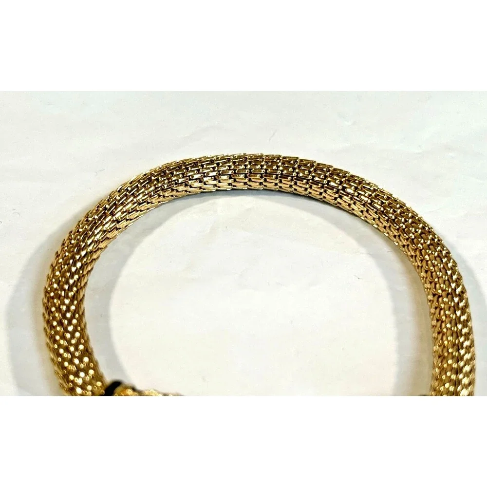 Vintage Double Leopard Panther Mesh Bracelet Green Eyes Gold Tone Statement